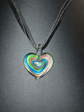 Dichroic Art Glass Heart Pendant Necklace Foiled Swirl Heart